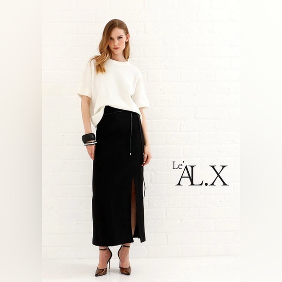 Le' AL.X Wool Blend Knit High Rise Belted Side Slit Hem Pencil Maxi Black Skirt - Picture 1 of 5